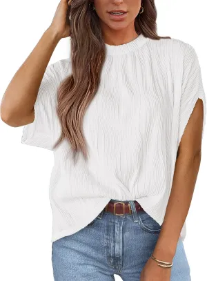 PRETTYGARDEN Women's Tops 2025 Summer Casual Crewneck Short Sleeve Textured Shirts Going Out Work Blouse Basic Tunic Top