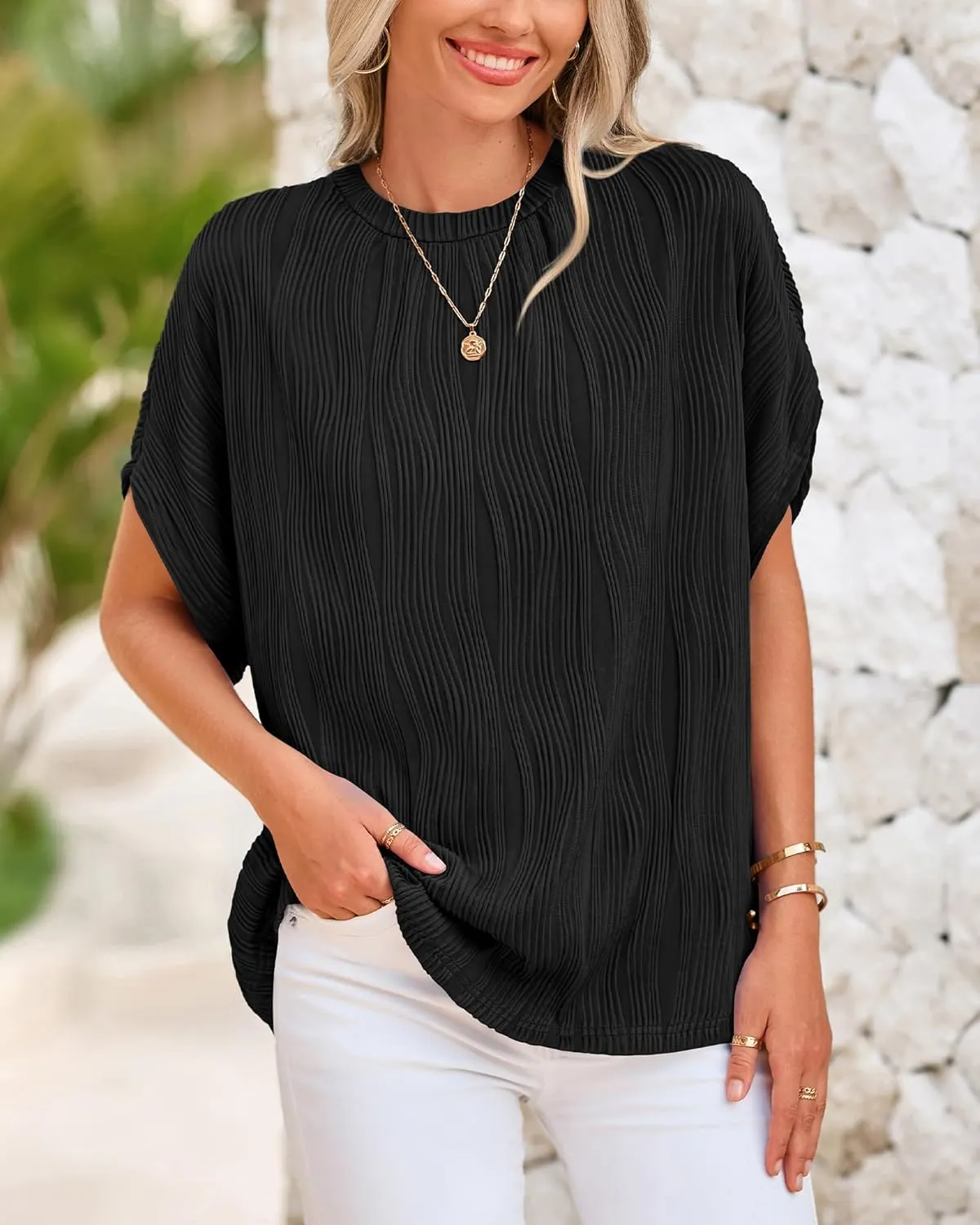 PRETTYGARDEN Women's Tops 2025 Summer Casual Crewneck Short Sleeve Textured Shirts Going Out Work Blouse Basic Tunic Top