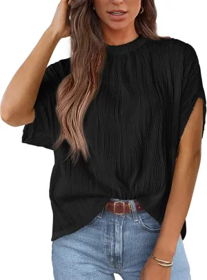 PRETTYGARDEN Women's Tops 2025 Summer Casual Crewneck Short Sleeve Textured Shirts Going Out Work Blouse Basic Tunic Top