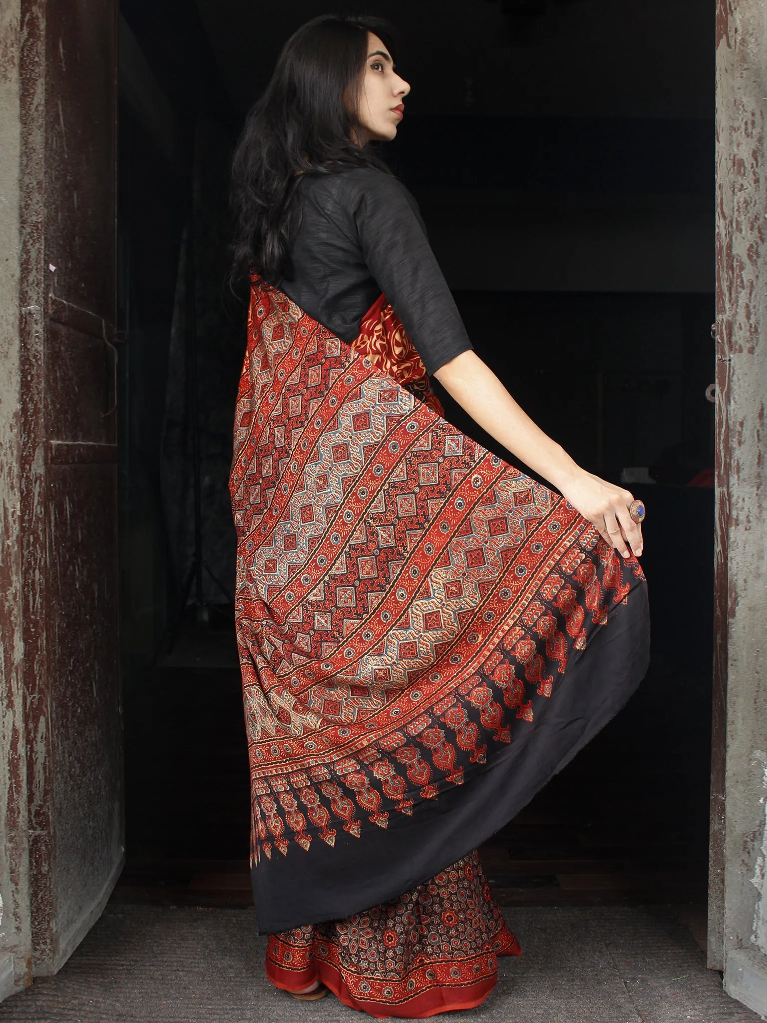 Red Beige Black Ajrakh Hand Block Printed Modal Silk Saree in Natural Colors - S031703356