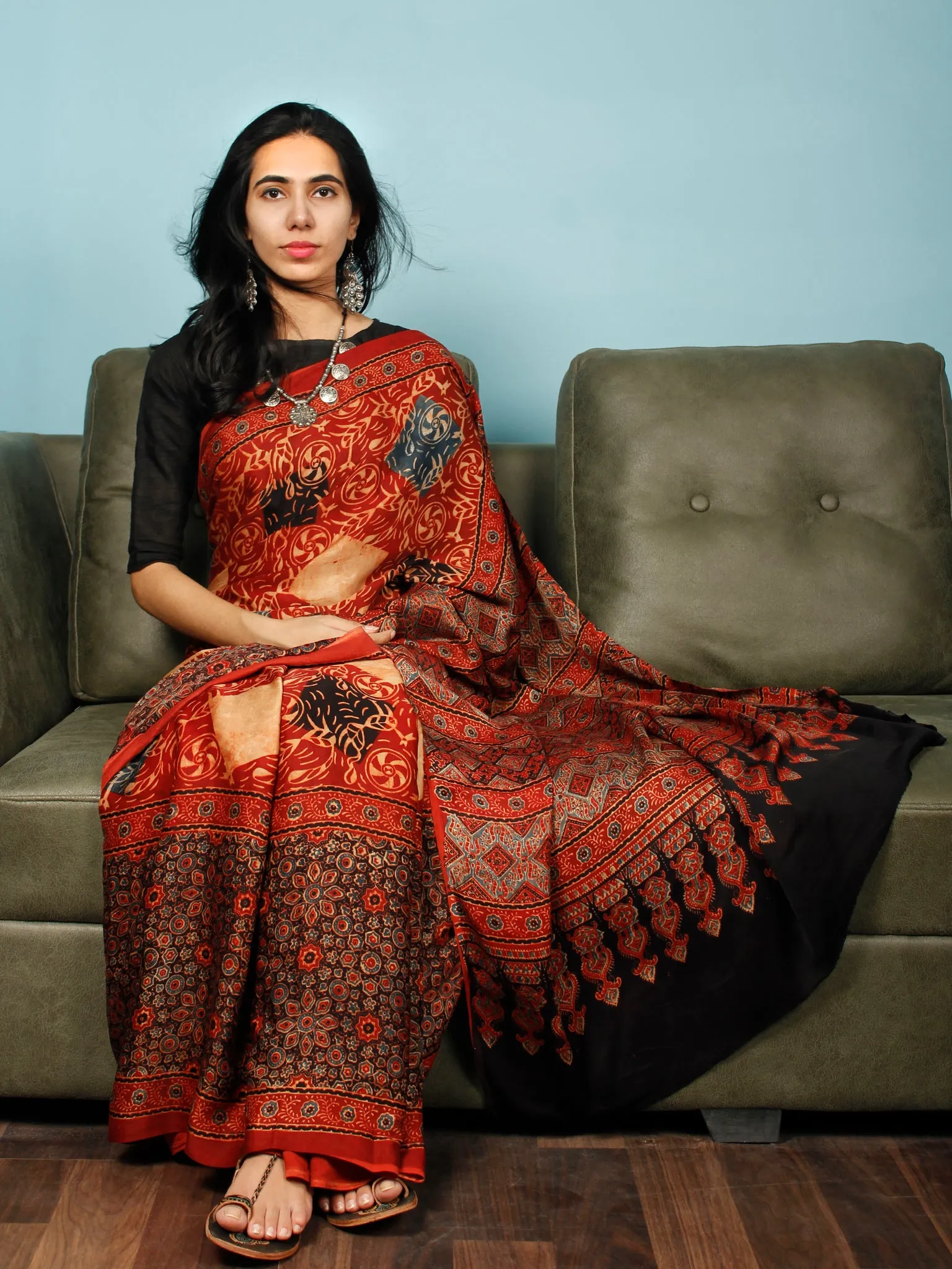 Red Beige Black Ajrakh Hand Block Printed Modal Silk Saree in Natural Colors - S031703356