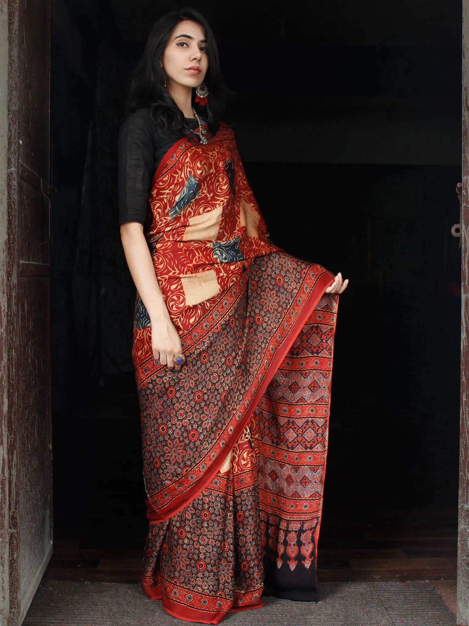 Red Beige Black Ajrakh Hand Block Printed Modal Silk Saree in Natural Colors - S031703356