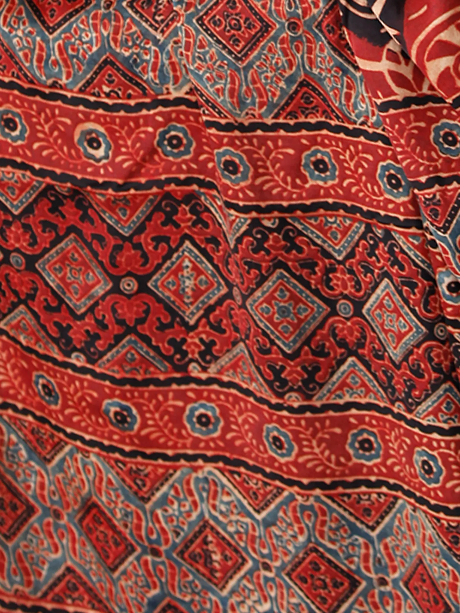 Red Beige Black Ajrakh Hand Block Printed Modal Silk Saree in Natural Colors - S031703356