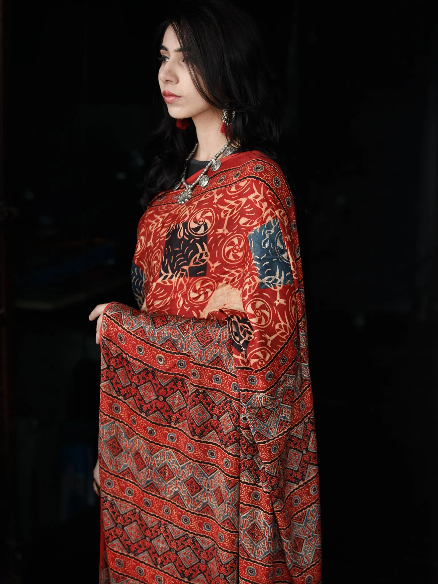 Red Beige Black Ajrakh Hand Block Printed Modal Silk Saree in Natural Colors - S031703356