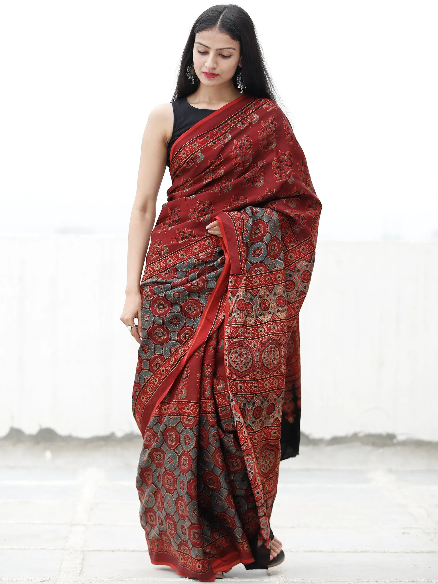 Red Black Blue Beige Ajrakh Hand Block Printed Modal Silk Saree in Natural Colors - S031703723