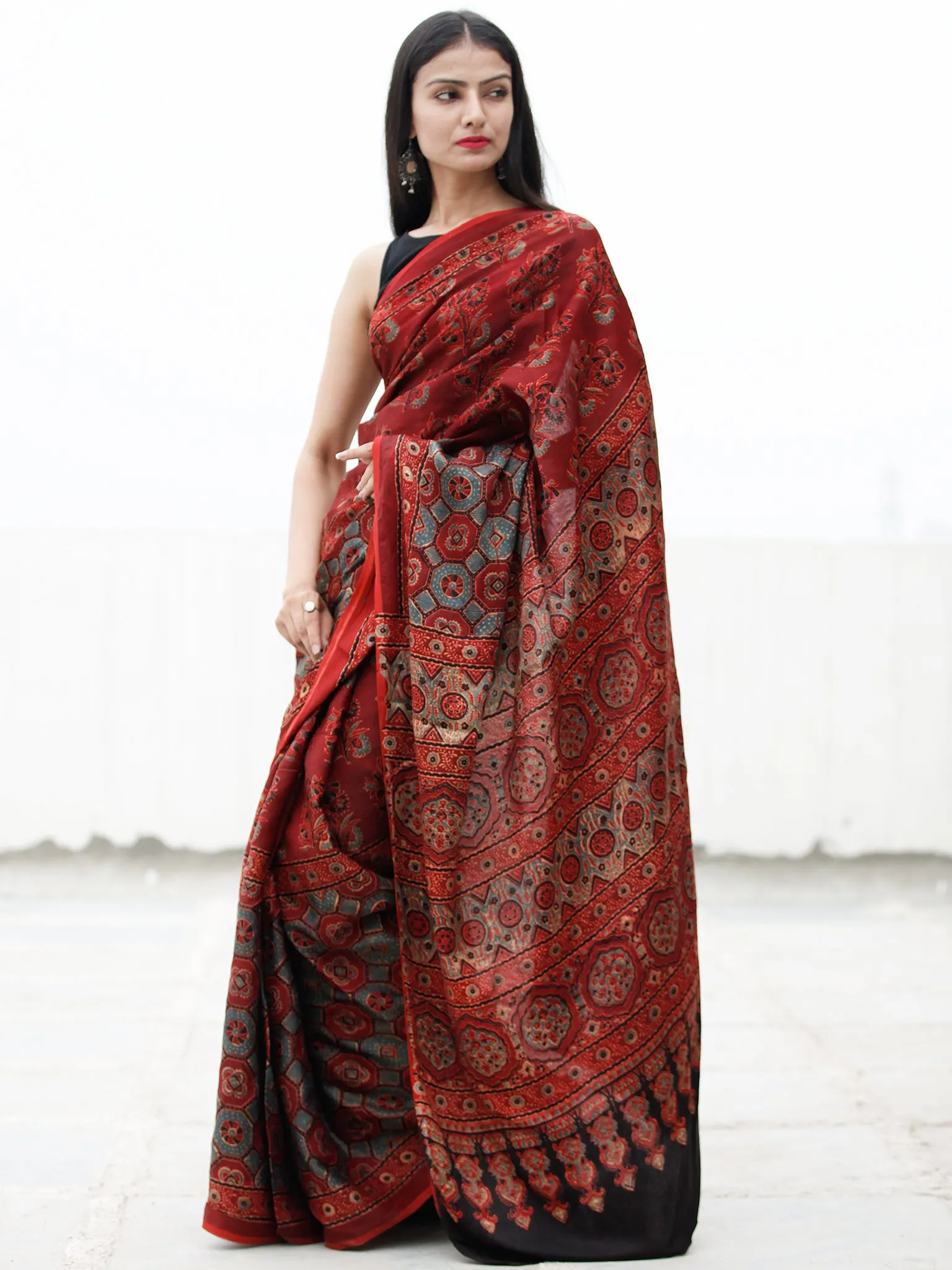 Red Black Blue Beige Ajrakh Hand Block Printed Modal Silk Saree in Natural Colors - S031703723