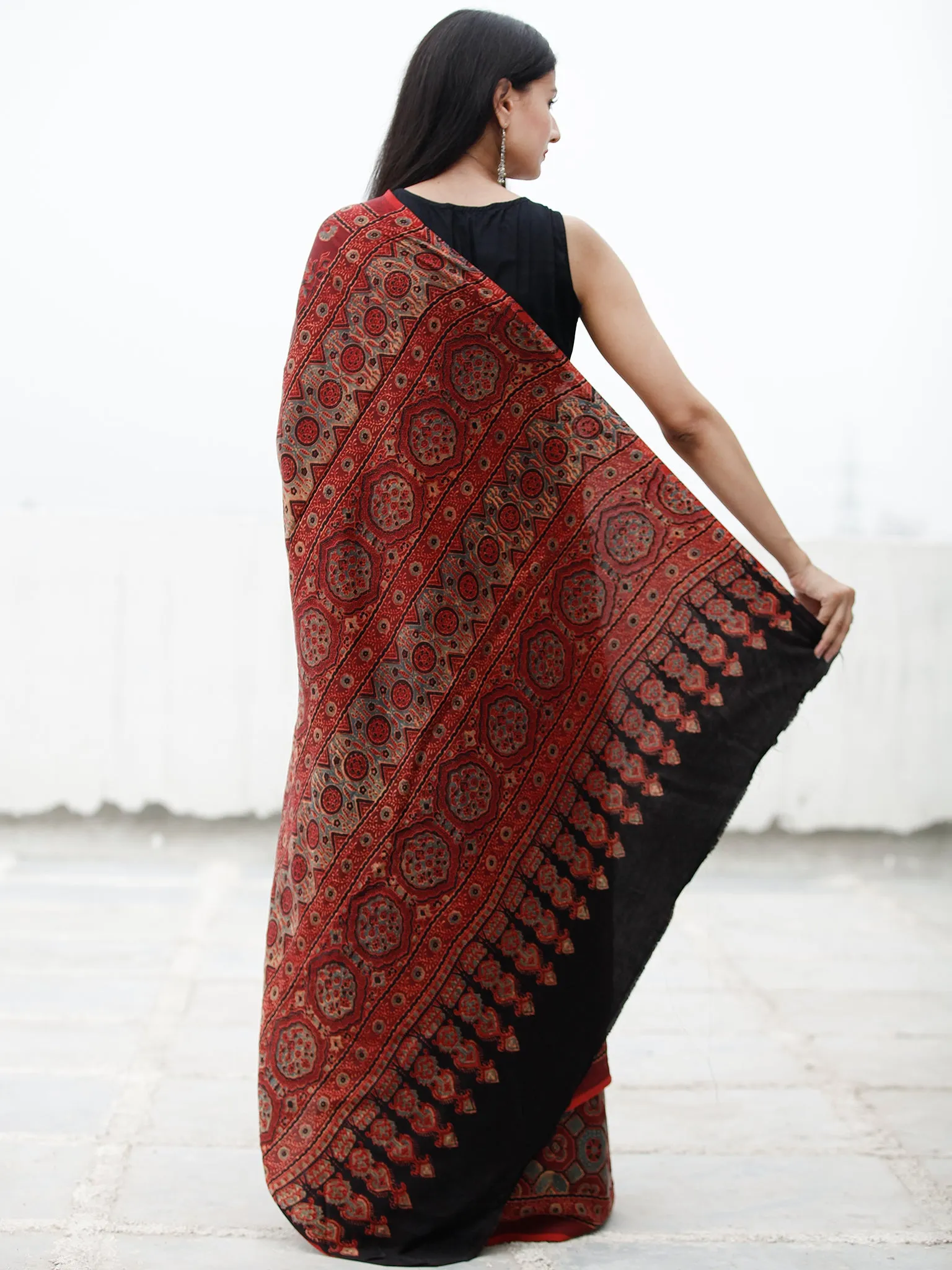 Red Black Blue Beige Ajrakh Hand Block Printed Modal Silk Saree in Natural Colors - S031703723
