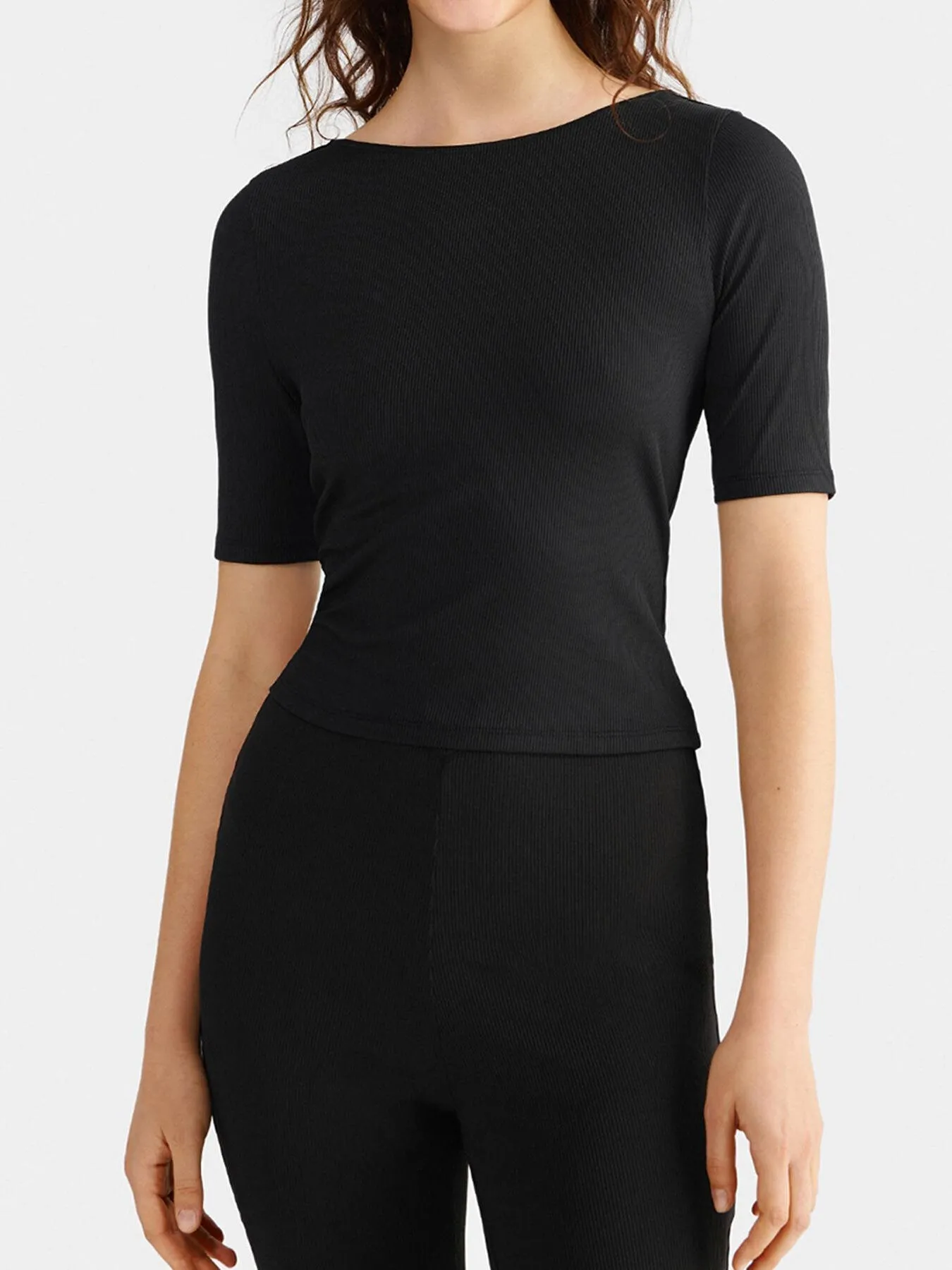 Ruched Backless Round Neck Rib Tee