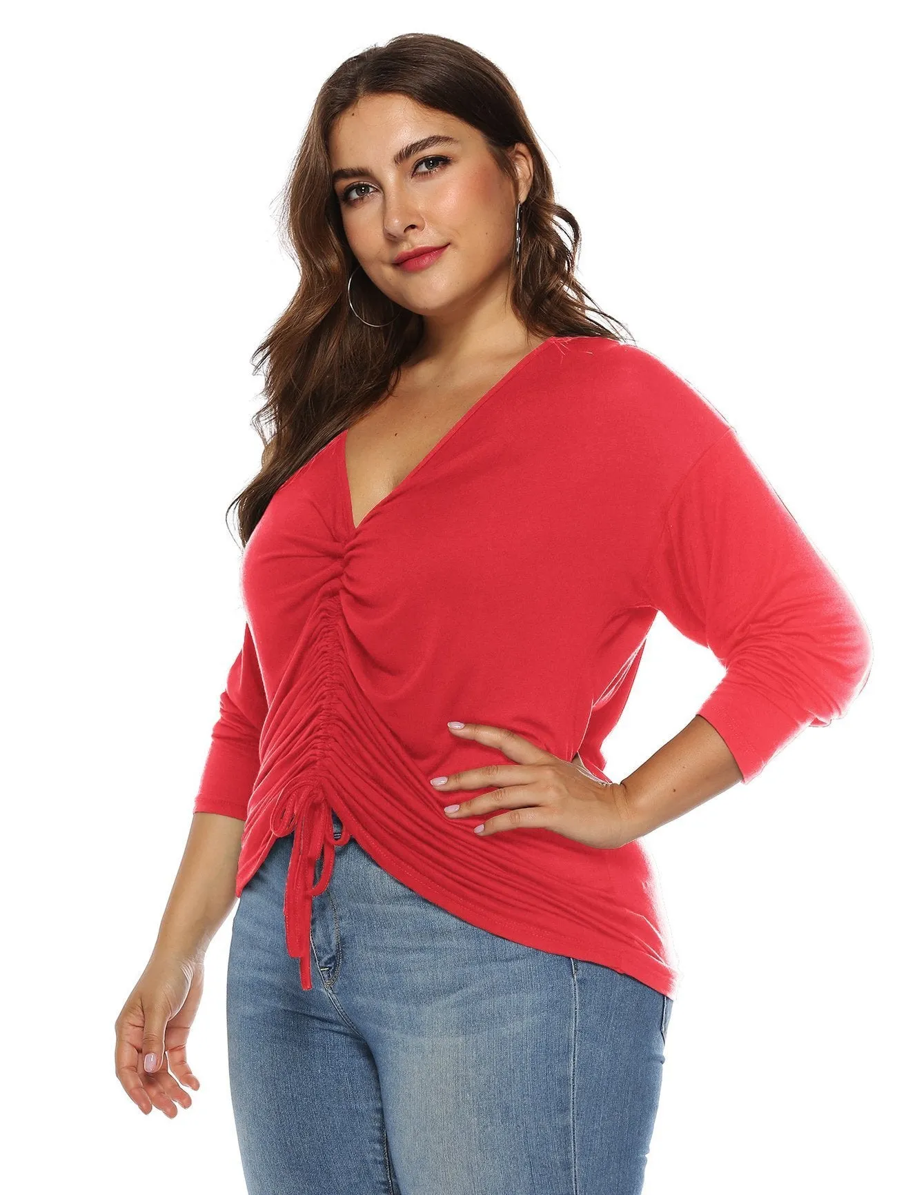 Ruched V-neck Solid T-shirts