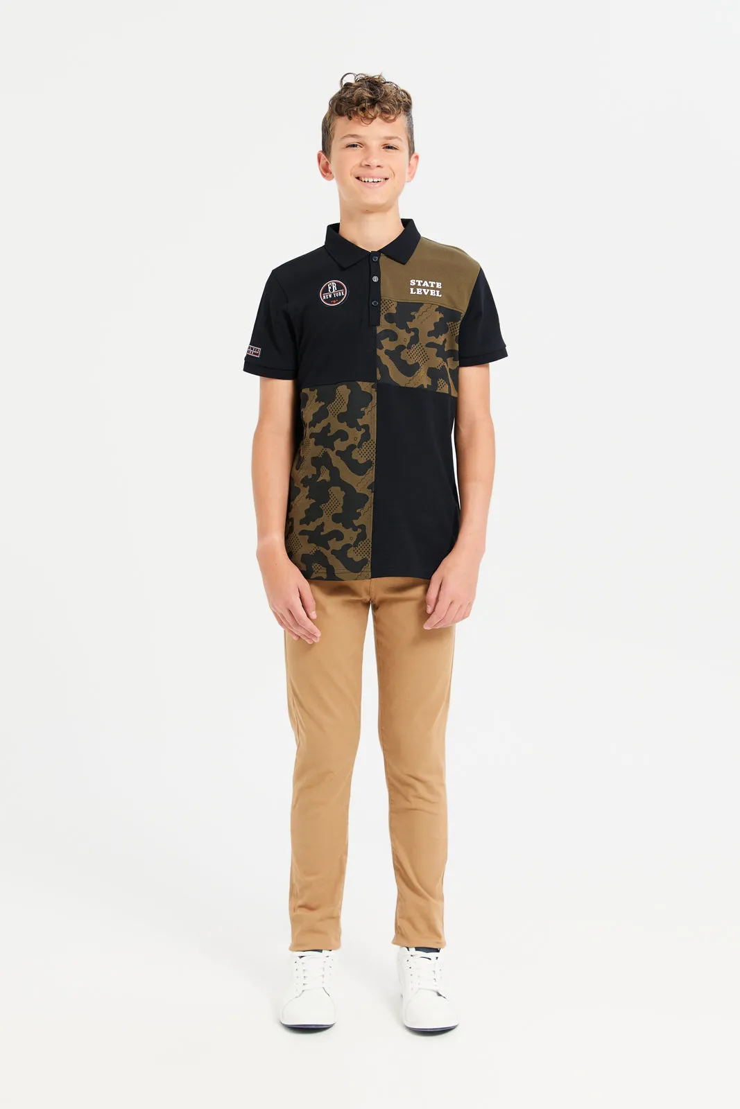 Senior Boys Black And Olive  Regular Collar Polo T-Shirt