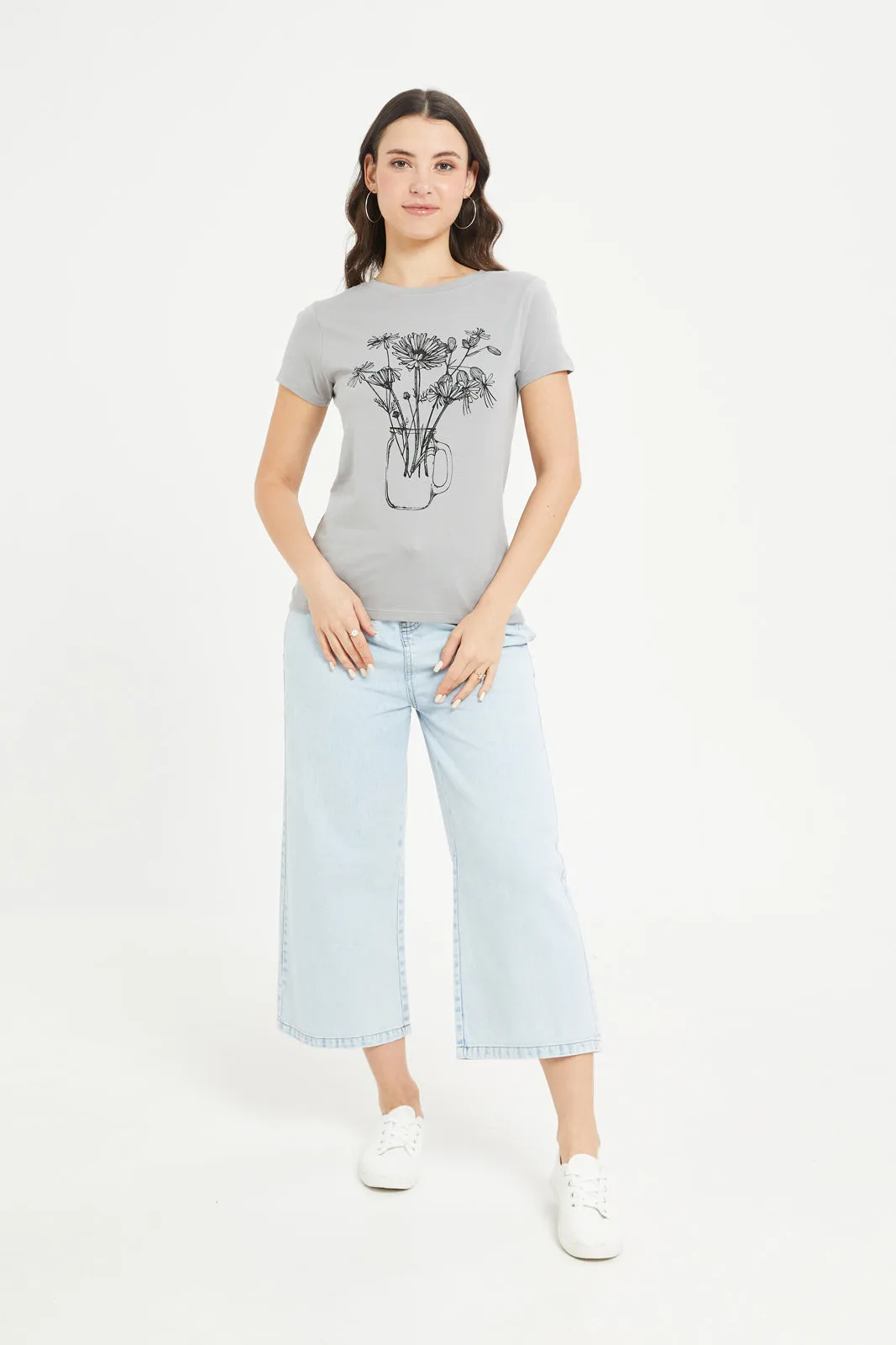 Women Grey Floral Printed T-Shirt