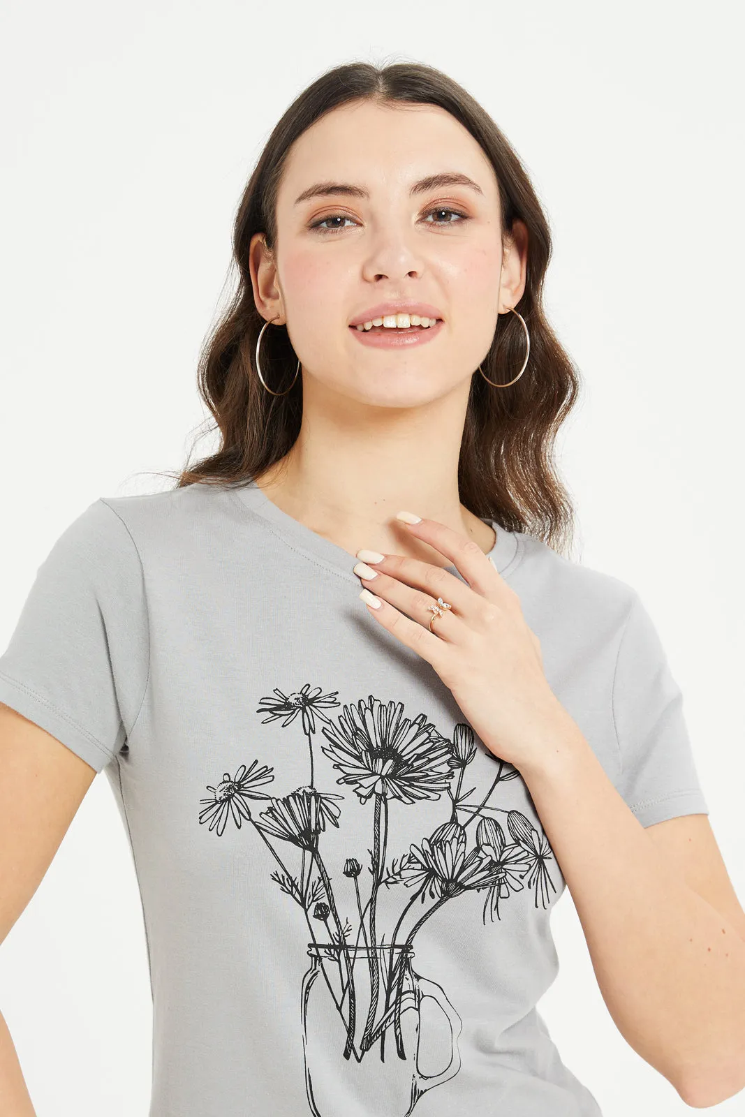 Women Grey Floral Printed T-Shirt