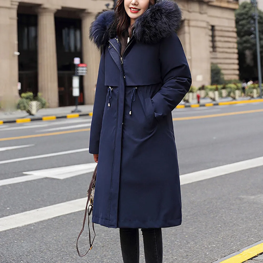 Womens 's Detachable Faux Fur Lining Long Coat with Furry Hood