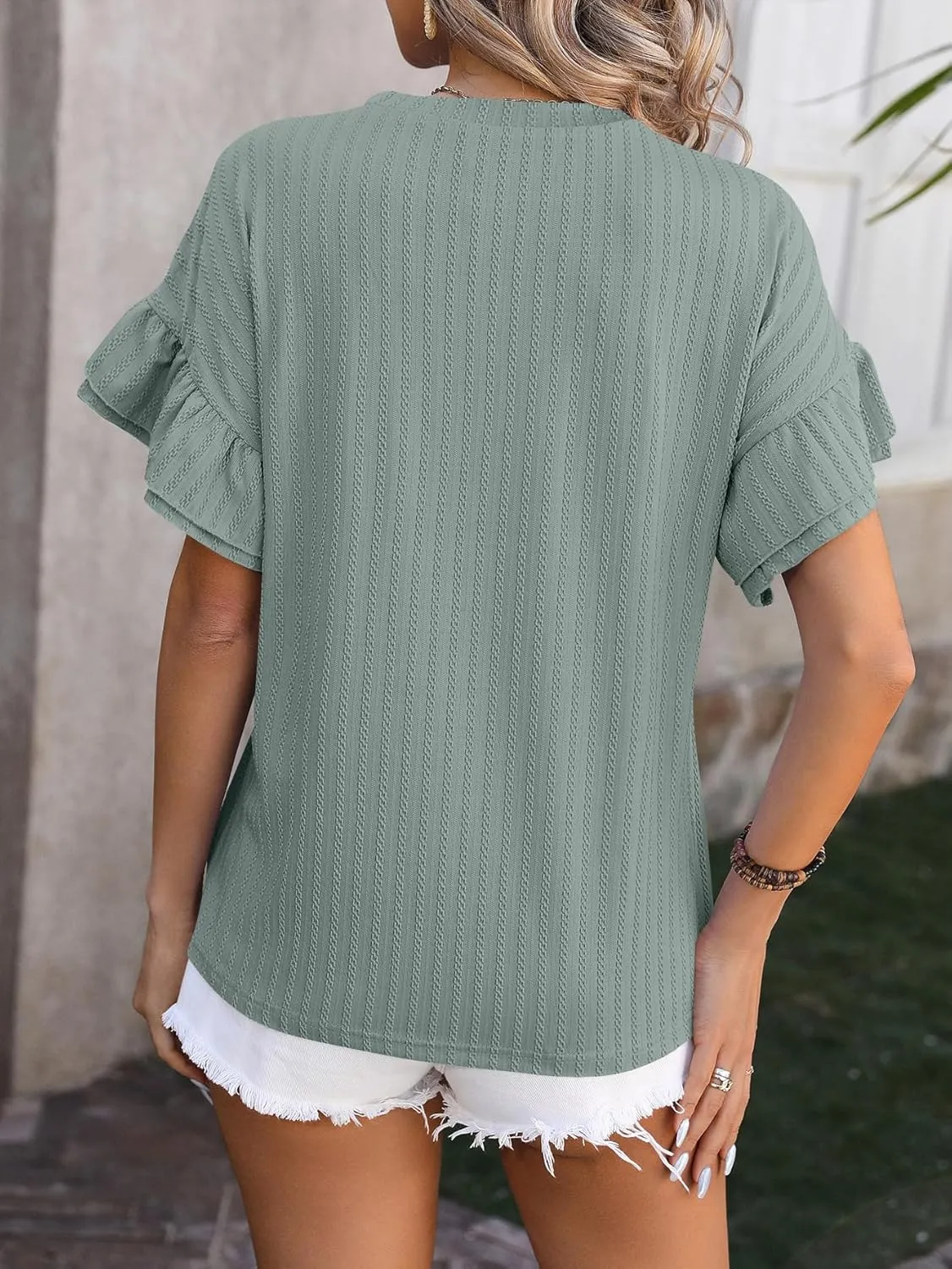 Womens Summer Casual Pleated Puff Short Sleeve Tops Square Neck Fashion Loose Blouse T Shirts Eyelet Embroidery