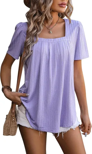 Womens Summer Casual Pleated Puff Short Sleeve Tops Square Neck Fashion Loose Blouse T Shirts Eyelet Embroidery