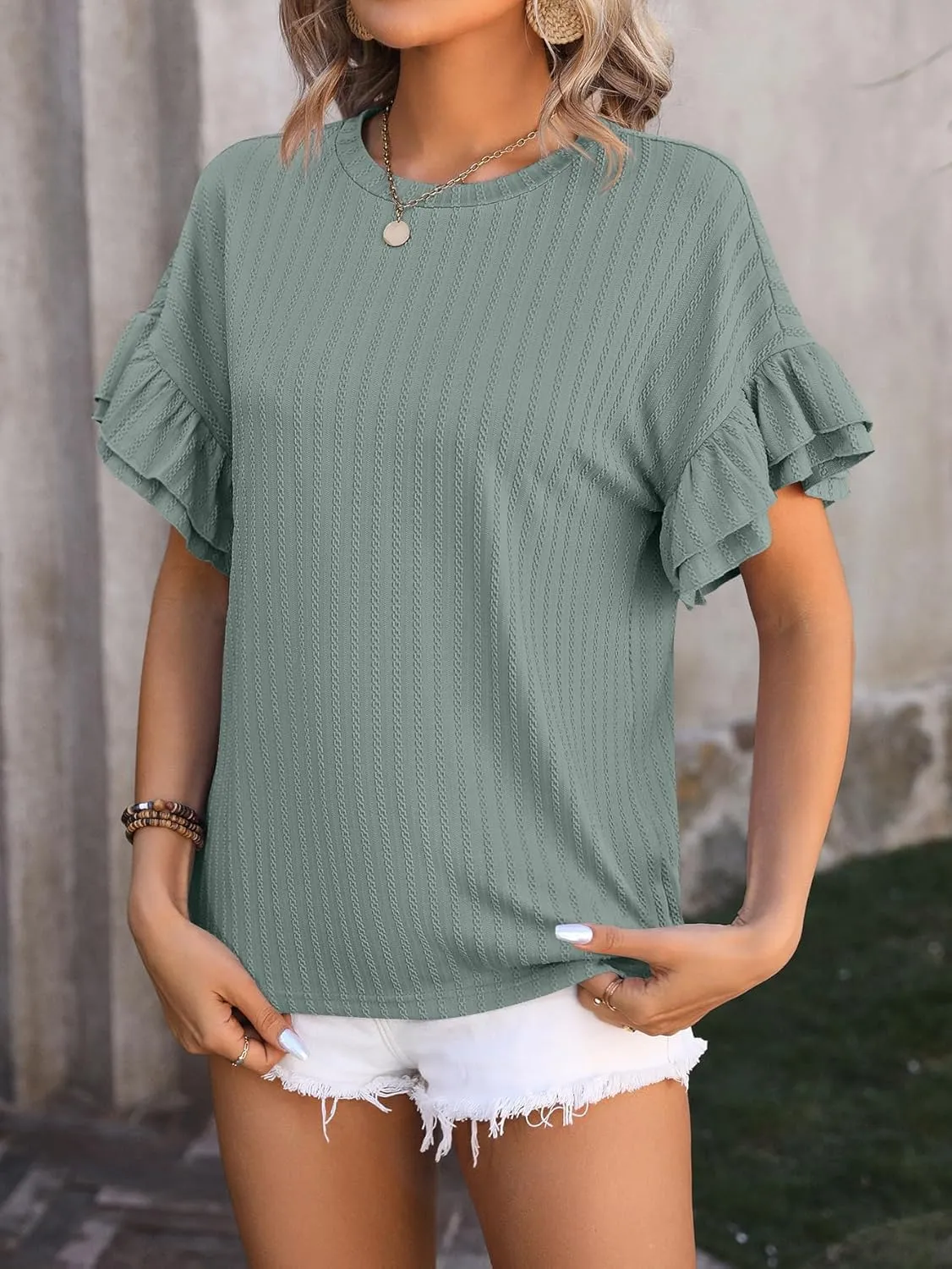 Womens Summer Casual Pleated Puff Short Sleeve Tops Square Neck Fashion Loose Blouse T Shirts Eyelet Embroidery