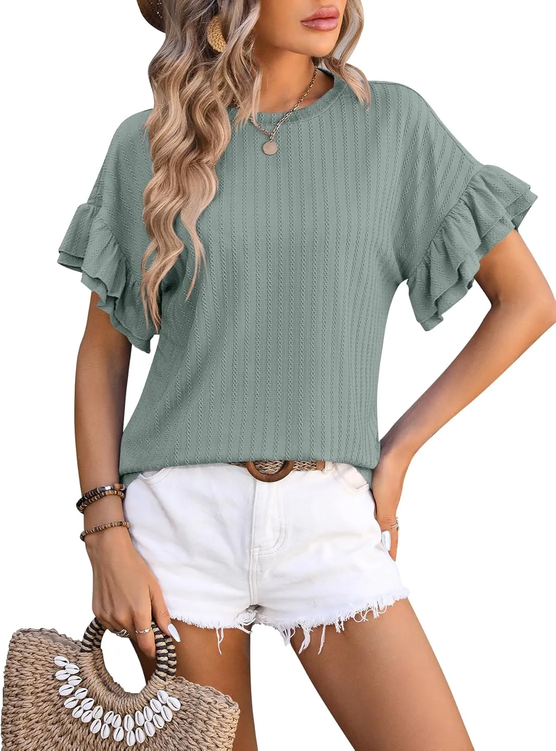 Womens Summer Casual Pleated Puff Short Sleeve Tops Square Neck Fashion Loose Blouse T Shirts Eyelet Embroidery