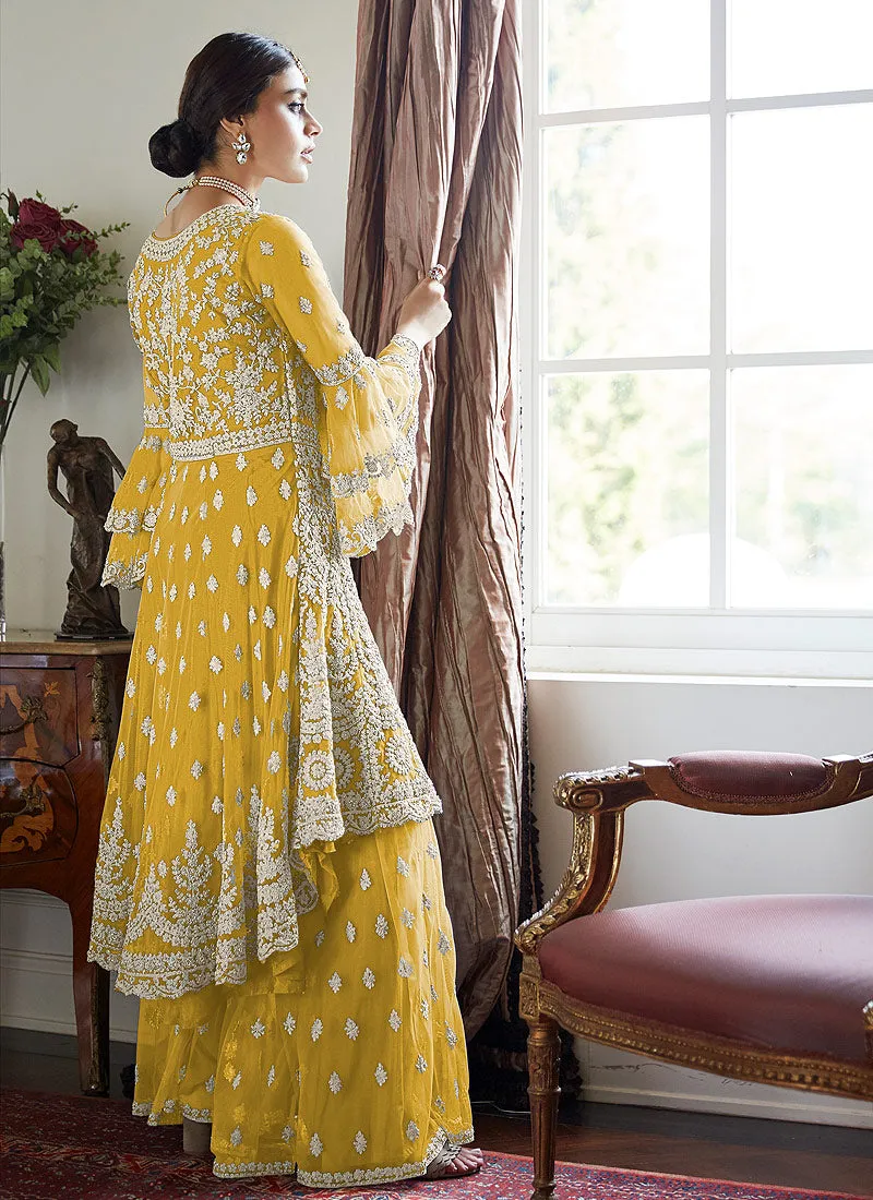 Yellow Beige Multi Embroidered Designer Gharara Suit